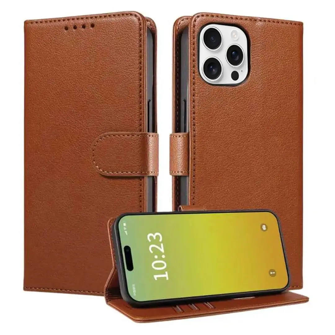 iPhone 16 Pro Max PU Leather Wallet Case Brown